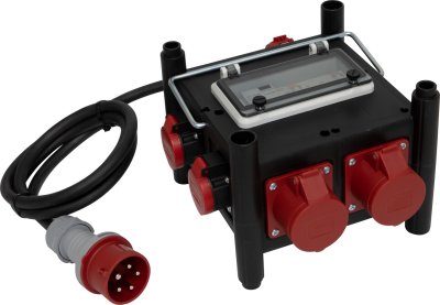 Kompakter Stromverteiler BSV 3/32 SI für Ausseneinsatz, CH Stecksystem IP55, 2x T23 Steckdosen, 2x T25 Steckdosen, 3x CEE Steckdosen, Stecker CEE, Kab