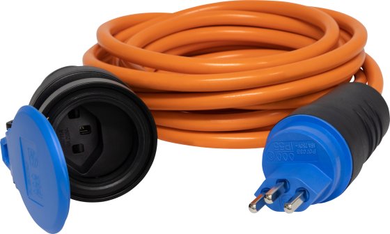 Verlängerungskabel (Kunststoff), T23 Kupplung, T23 Stecker, Kabel 5m AT-N07V3V3-F 3G2,5 orange, CH Stecksystem IP55 - Produktbild