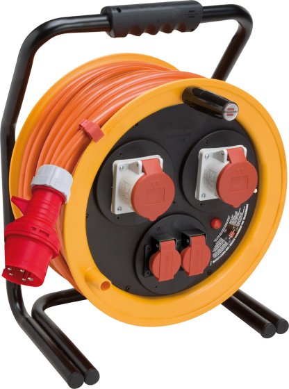 Brobusta 380 CEE-Kalbelrolle für Ausseneinsatz, 2x Steckdose T25, 2x CEE Steckdosen, CEE Stecker, 40m AT-N07V3V3-F 5G2,5, orange, CH Stecksystem IP55 - Produktbild