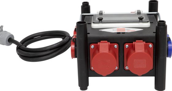 Kompakter Stromverteiler BSV 3 - FI/16 für Ausseneinsatz, CH Stecksystem IP55, 2x T23 Steckdosen, 2x T25 Steckdosen, 3x CEE Steckdosen, CEE Stecker - Produktansicht